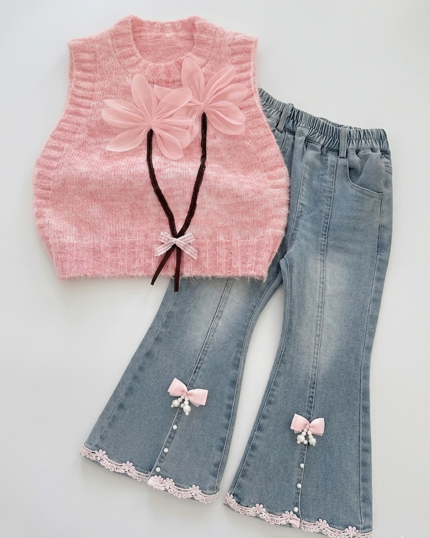 Conjunto niña 3 piezas ropa infantil blusa con volantes chaleco lana y pantalón vaquero en España