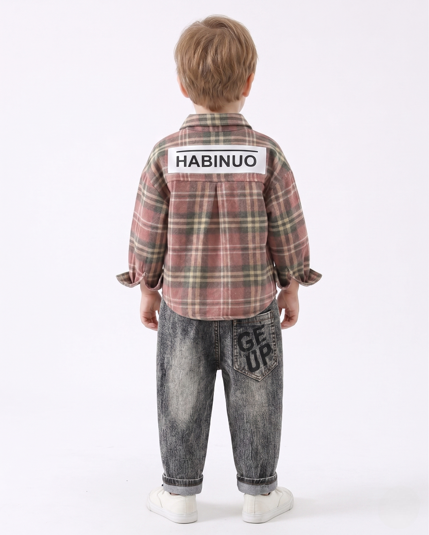 Conjunto niño cuadros elegante de dos piezas con camisa de cuadros y pantalón denim  niño cuadros en España