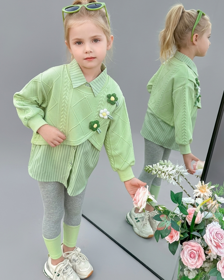 Conjunto niña 3 piezas otoño invierno con bordado de flores Ideal para clima otoñal y principios en España
