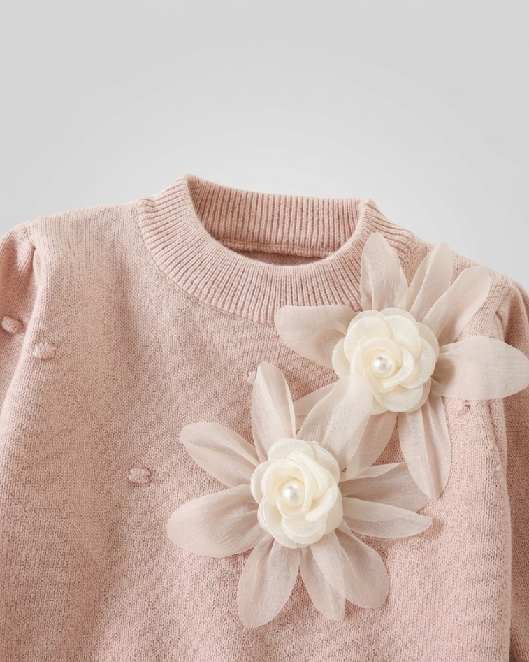 Conjunto niña invierno 2 piezas ropa niña: blusa tejida con flores y pantalón tejido acanalado en España