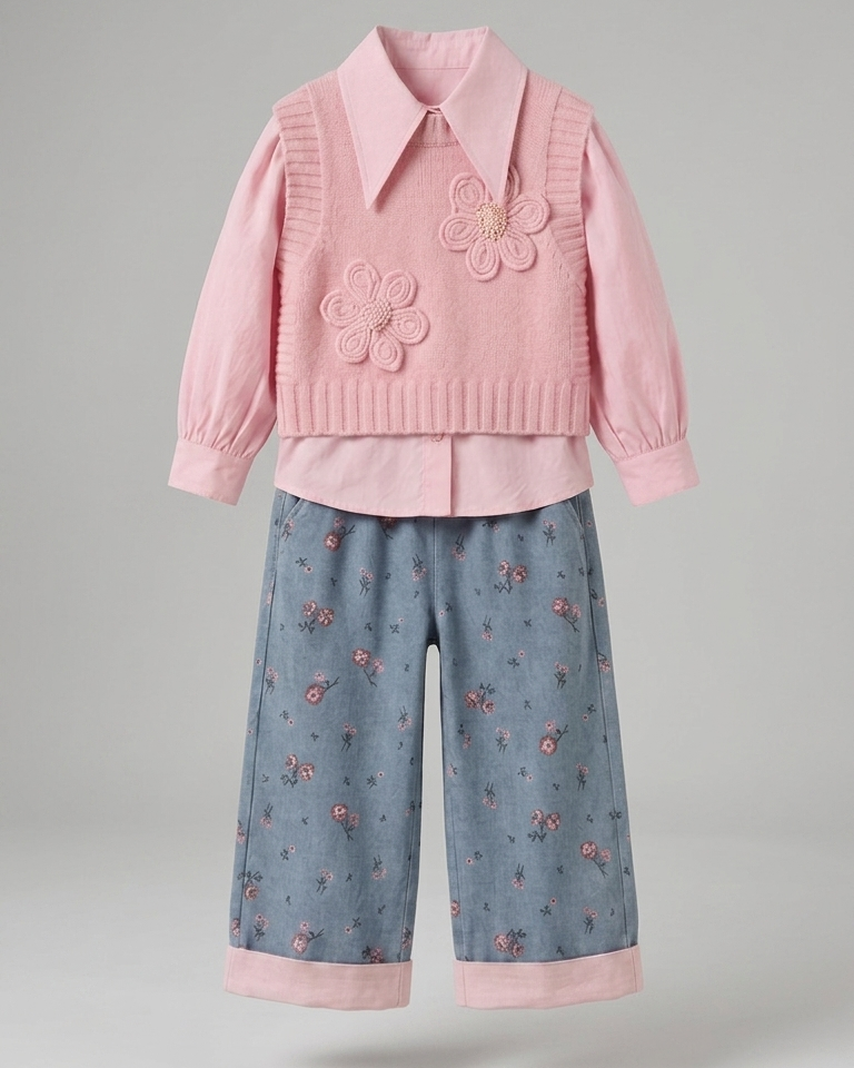 Conjunto niña 3 piezas ropa  elegante con camisa de mangas abullonadas, chaqueta con detalles en España