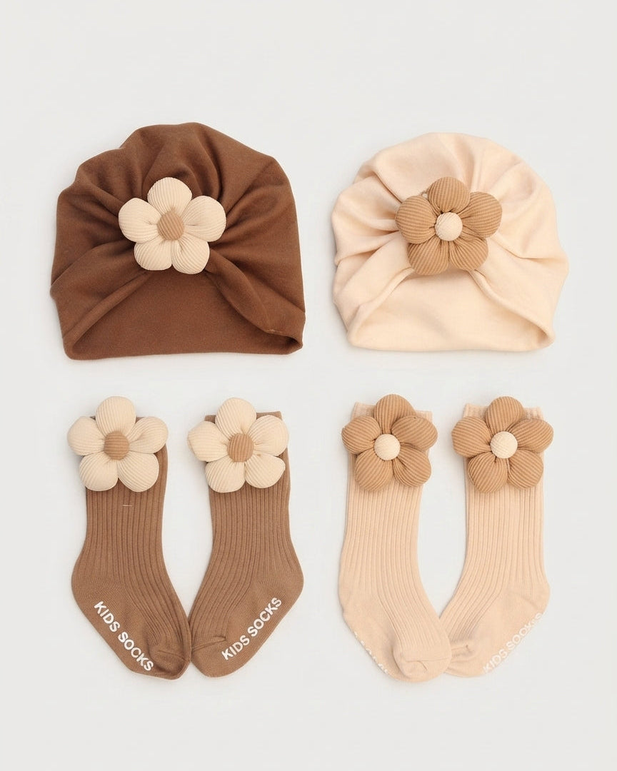 Set de calcetines y gorra para niñas con flores de tela