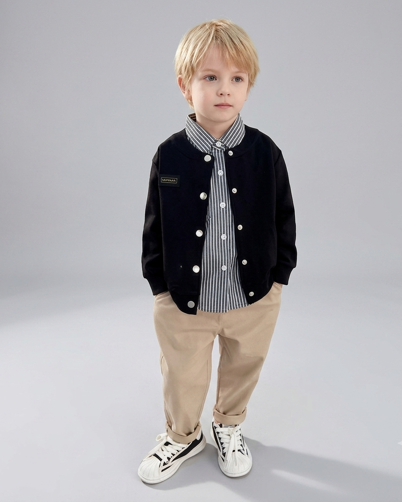 Conjunto niño 3 piezas: chaqueta negra, camiseta de rayas y pantalón beige | ropa niño elegante en España