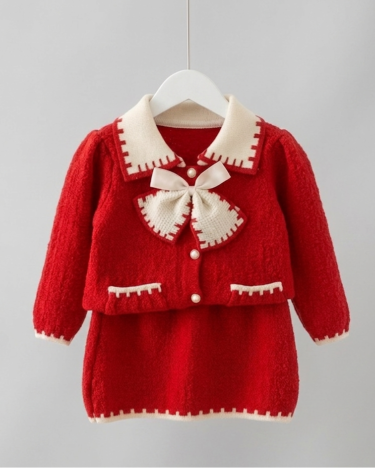Conjunto niña invierno punto 2 piezas suéter y falda roja elegante ropa infantil,Ideal para clima otoñal en España