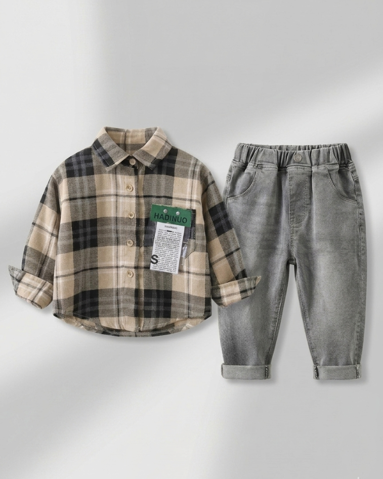 Conjunto niño cuadros elegante de dos piezas con camisa de cuadros y pantalón denim  niño cuadros en España