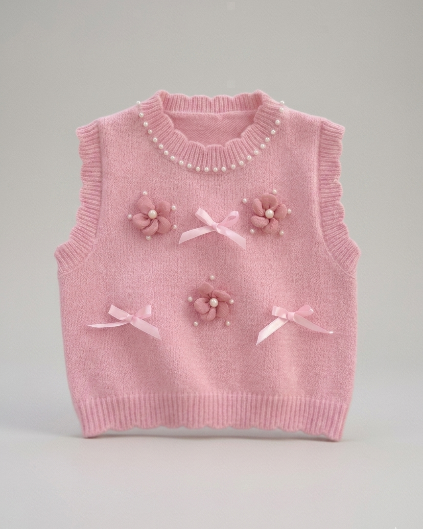 Conjunto niña 3 piezas ropa infantil blusa mangas abullonadas chaleco perlas y pantalón vaquero,Ideal para primavera y para clima otoñal en España