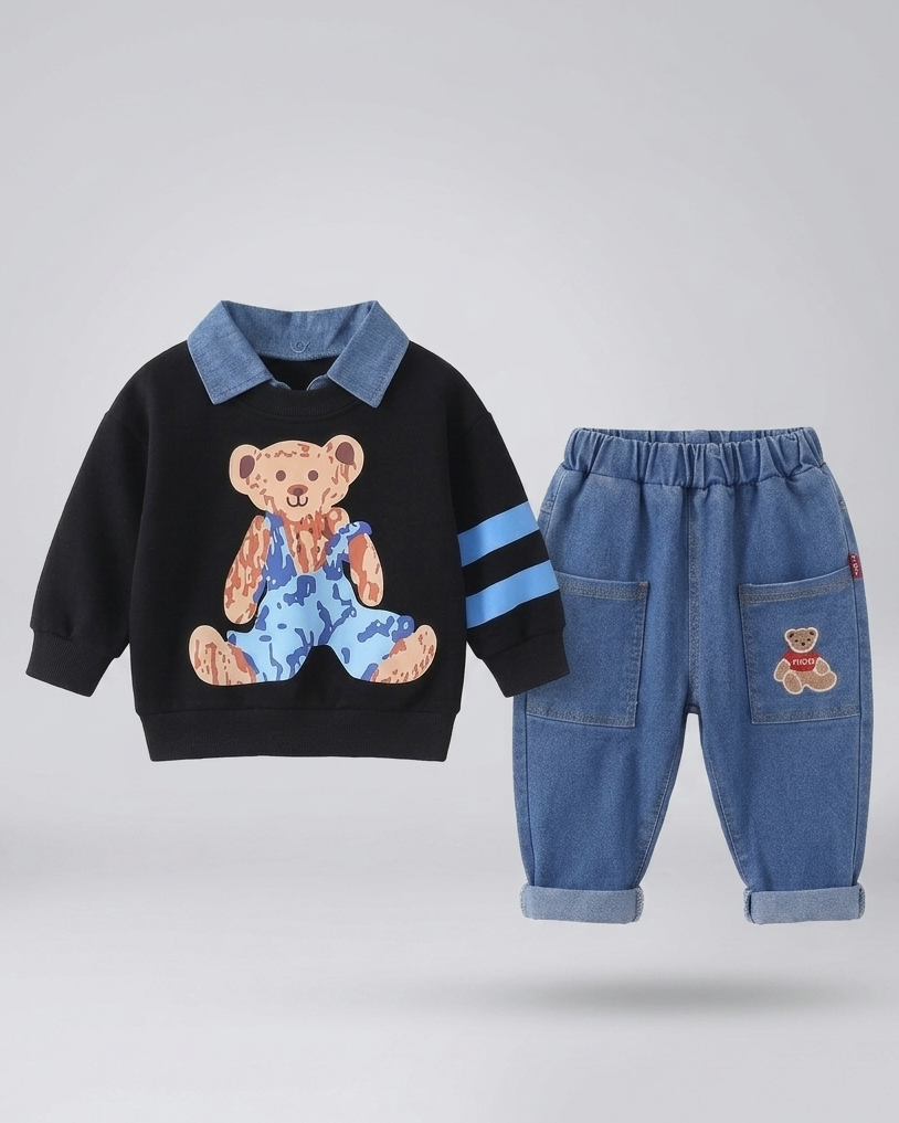 Conjunto niño 2 piezas sudadera y pantalón vaquero con estampado de oso estilo casual otoño , ropa infantil, Ideal para primavera y  verano en España