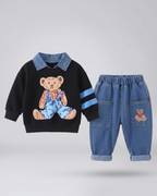 Conjunto niño 2 piezas sudadera y pantalón vaquero con estampado de oso estilo casual otoño , ropa infantil, Ideal para primavera y  verano en España