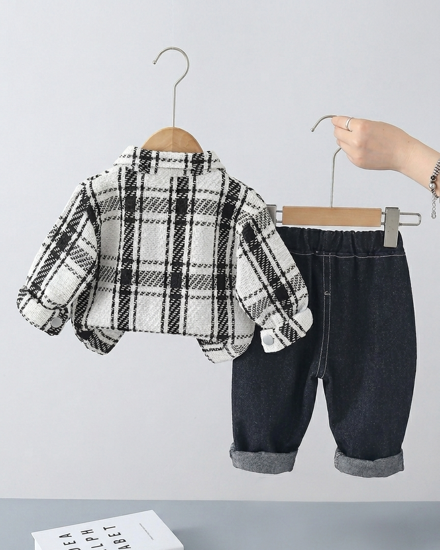 Conjunto bebé niño 3 piezas camisa tartán, camiseta y pantalón vaquero en España