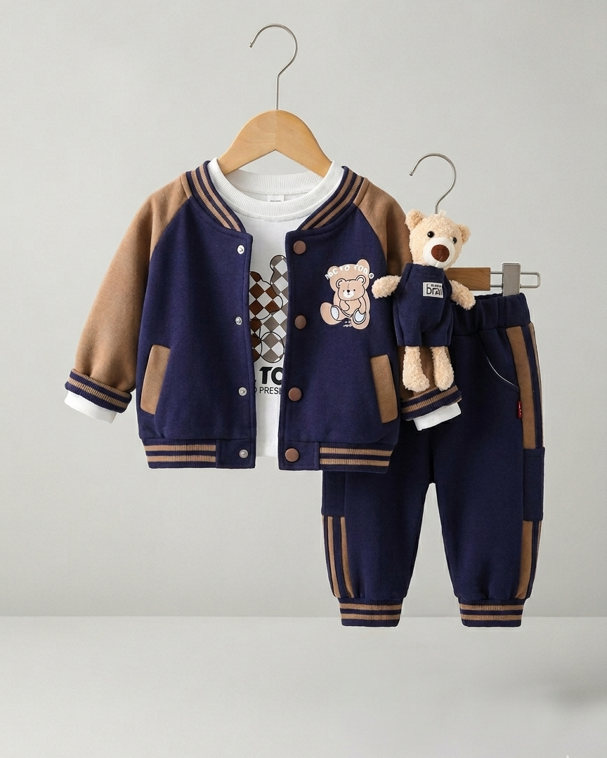 Conjunto deportivo bebé 3 piezas (chaqueta, camiseta interior de algodón y pantalón) con osito | chándal bebé, ropa bebé niño en España