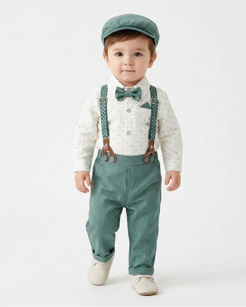 Conjunto bebé niño elegante de 4 piezas con body, pantalón con tirantes, corbata y gorra en España