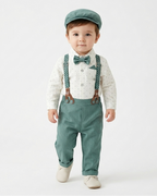 Conjunto bebé niño elegante de 4 piezas con body, pantalón con tirantes, corbata y gorra en España