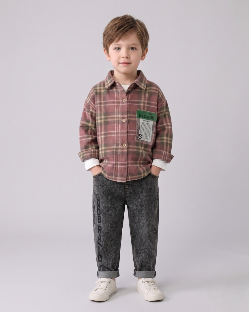 Conjunto niño cuadros elegante de dos piezas con camisa de cuadros y pantalón denim  niño cuadros en España