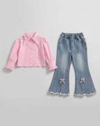 Conjunto niña 3 piezas: camisa rosa, suéter de punto suave y pantalón vaquero con encaje en España