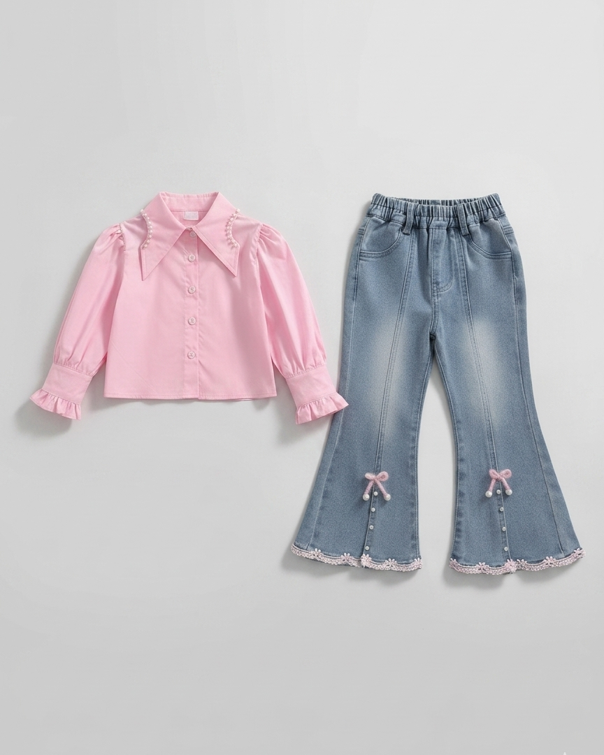 Conjunto niña 3 piezas: camisa rosa, suéter de punto suave y pantalón vaquero con encaje en España