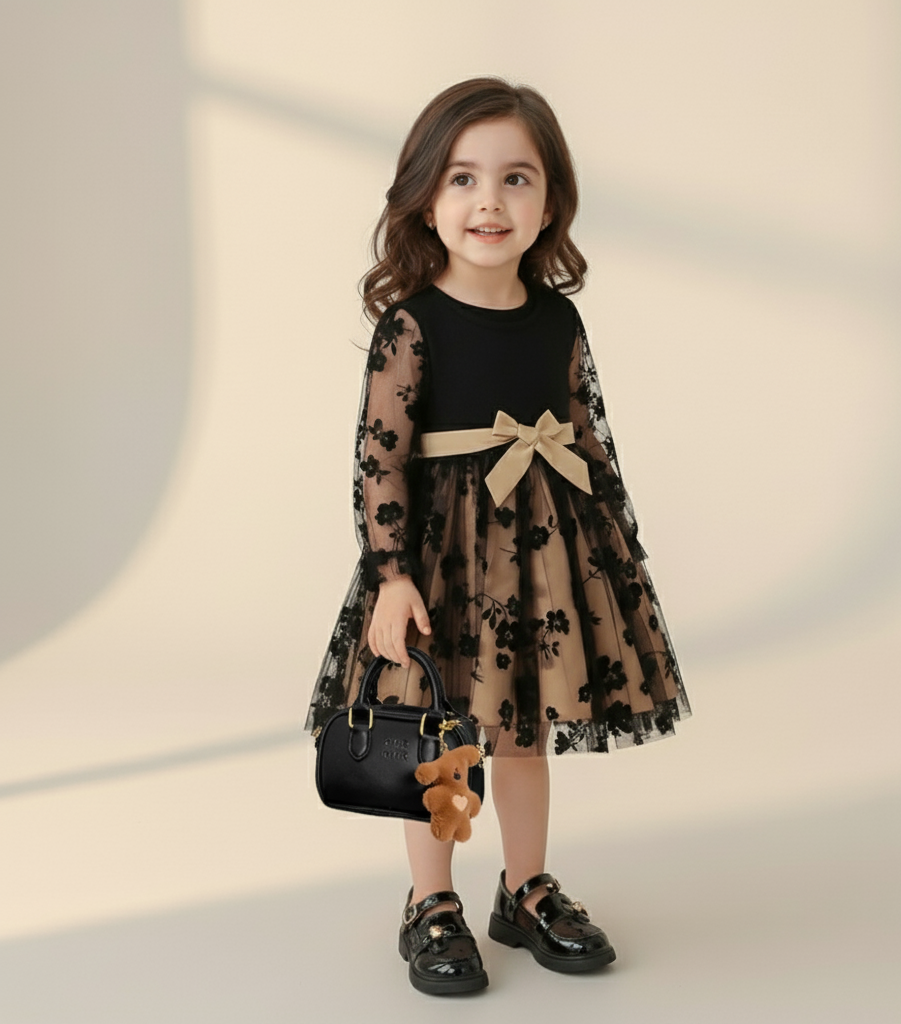 Vestido negro real acompañado de zapatos a juego y bolso