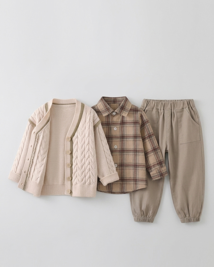 Conjunto bebé niño 3 piezas otoño invierno: camisa cuadros, cárdigan tejido y pantalón ,Ideal para clima otoñal en España