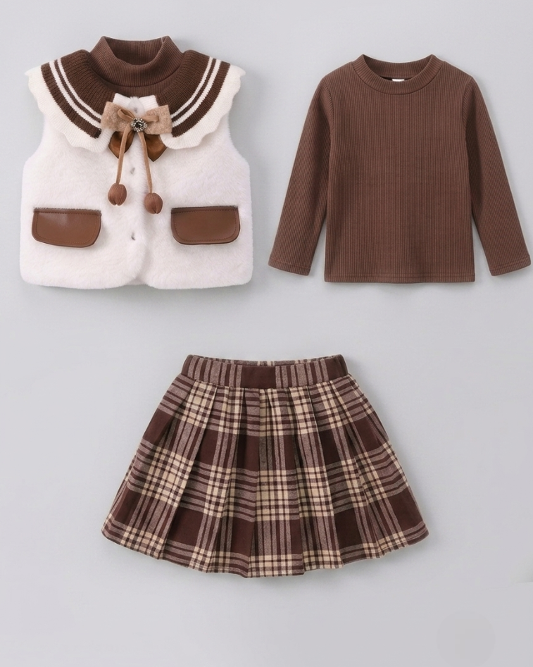 Conjunto niña 3 piezas elegante ropa bebé niña con chaleco de lana y falda de cuadros,Ideal para clima otoñal  en España