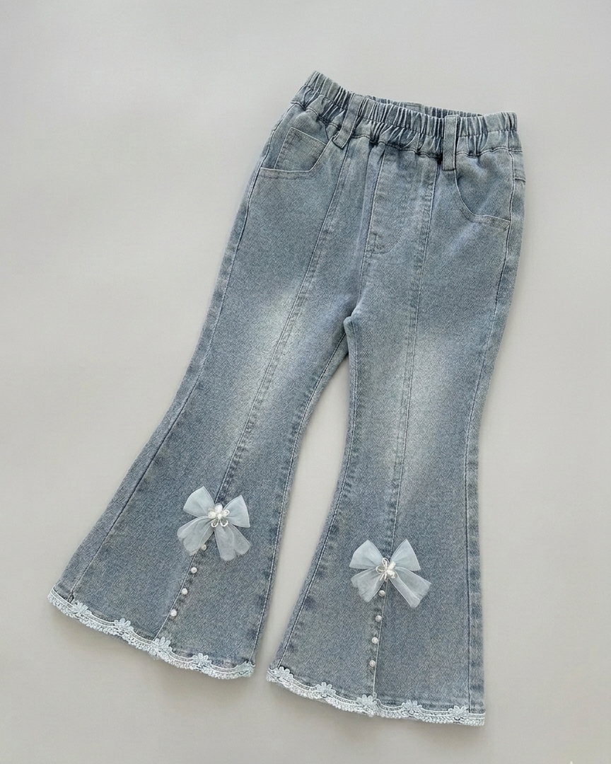 Conjunto niña 3 piezas ropa bebé niña elegante: blusa con mangas abullonadas, chaleco de punto con perlas y pantalón vaquero  en España