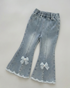 Conjunto niña 3 piezas ropa bebé niña elegante: blusa con mangas abullonadas, chaleco de punto con perlas y pantalón vaquero  en España