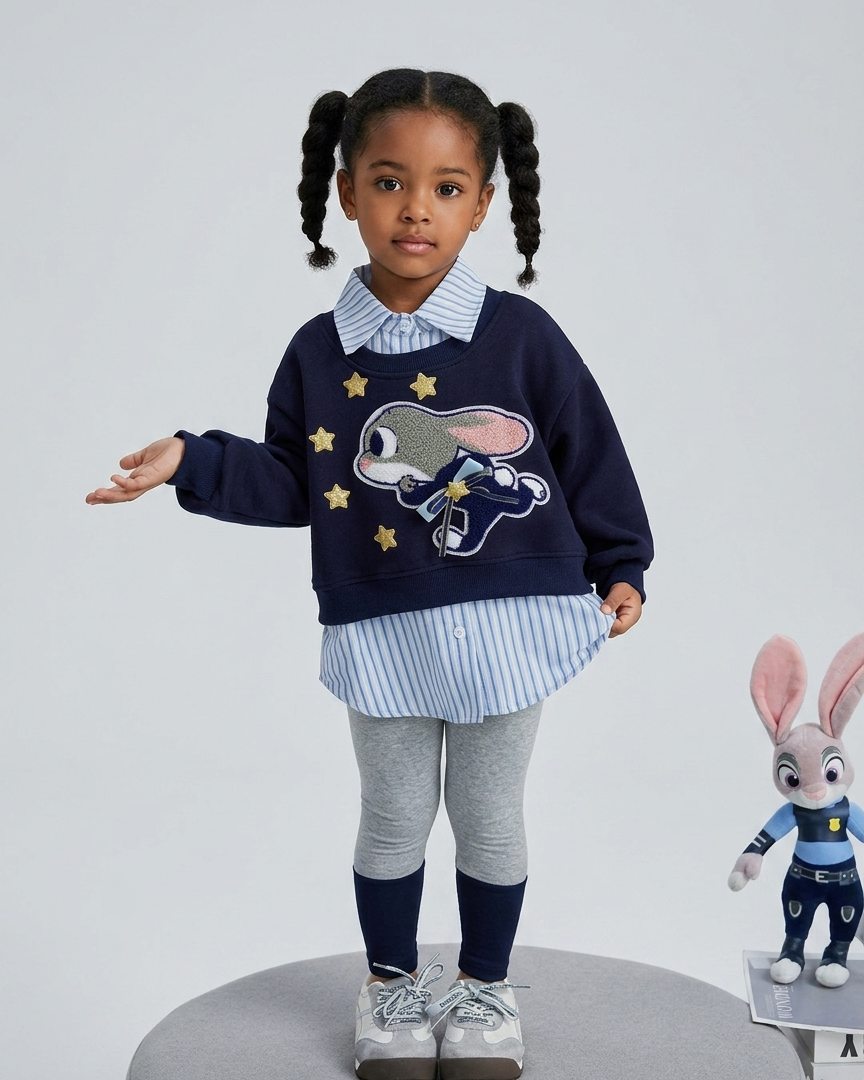 Conjunto niña 3 piezas ropa infantil - suéter bordado camiseta a rayas con leggings, estilo divertido y cómodo.