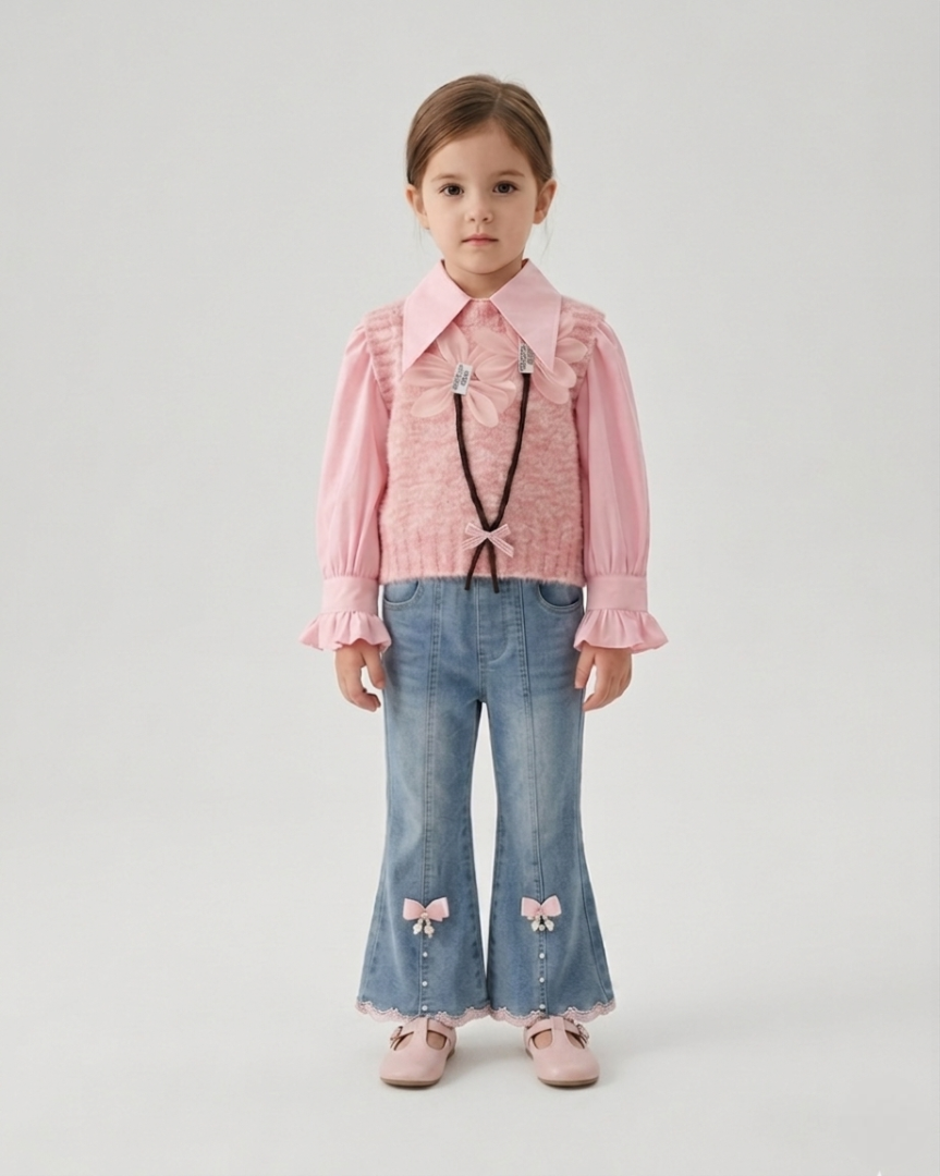 Conjunto niña 3 piezas ropa infantil blusa con volantes chaleco lana y pantalón vaquero en España