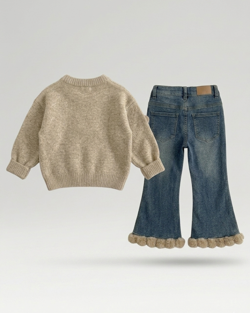 Conjunto niña invierno suéter de lana y jeans con estampado popcorn ,destacada para looks elegantes y sencillos  en España
