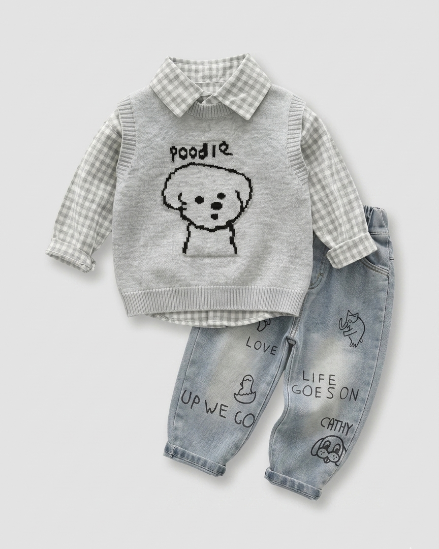 Conjunto niño invierno 3 piezas suéter con camisa integrada y pantalón vaquero estampado  en España