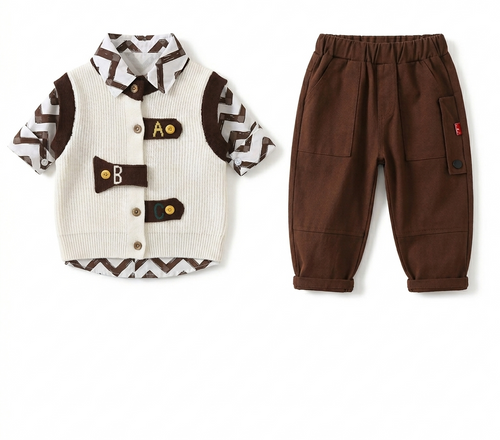 3 piezas chaleco de lana cálido, camisa con estampado moderno y pantalón cómodo