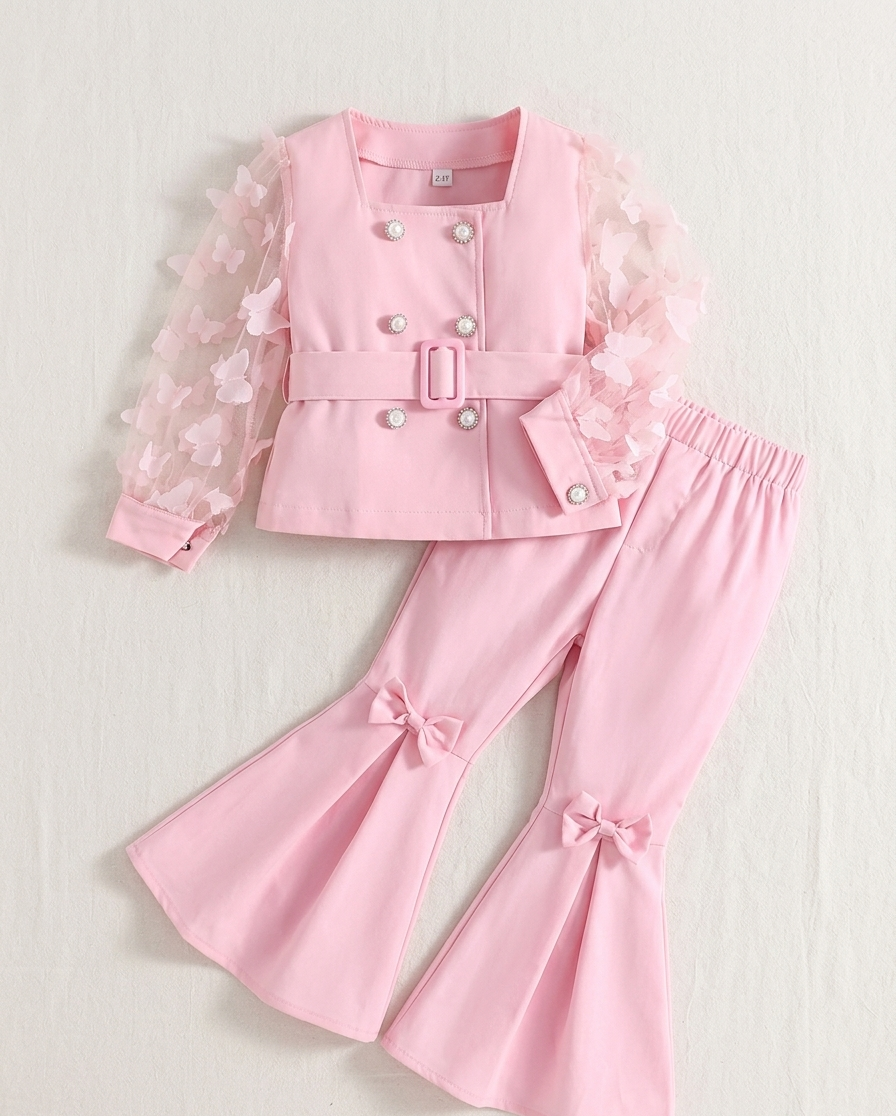 Conjunto infantil de 3 piezas en color lila claro: blusa de mangas transparentes y pantalón ancho 💜✨