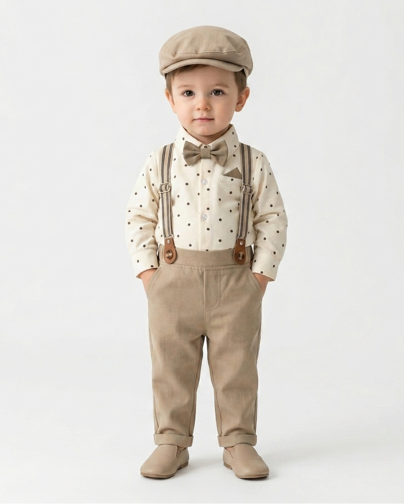 Conjunto bebé niño elegante de 4 piezas con body, pantalón con tirantes, corbata y gorra en España