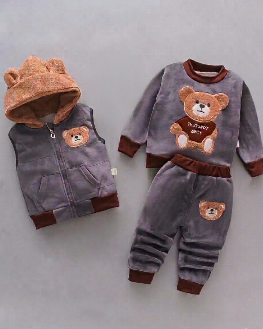 Conjunto niño invierno 3 piezas ropa infantil con osito bordado y chaleco con capucha , Ideal para clima otoñal en España