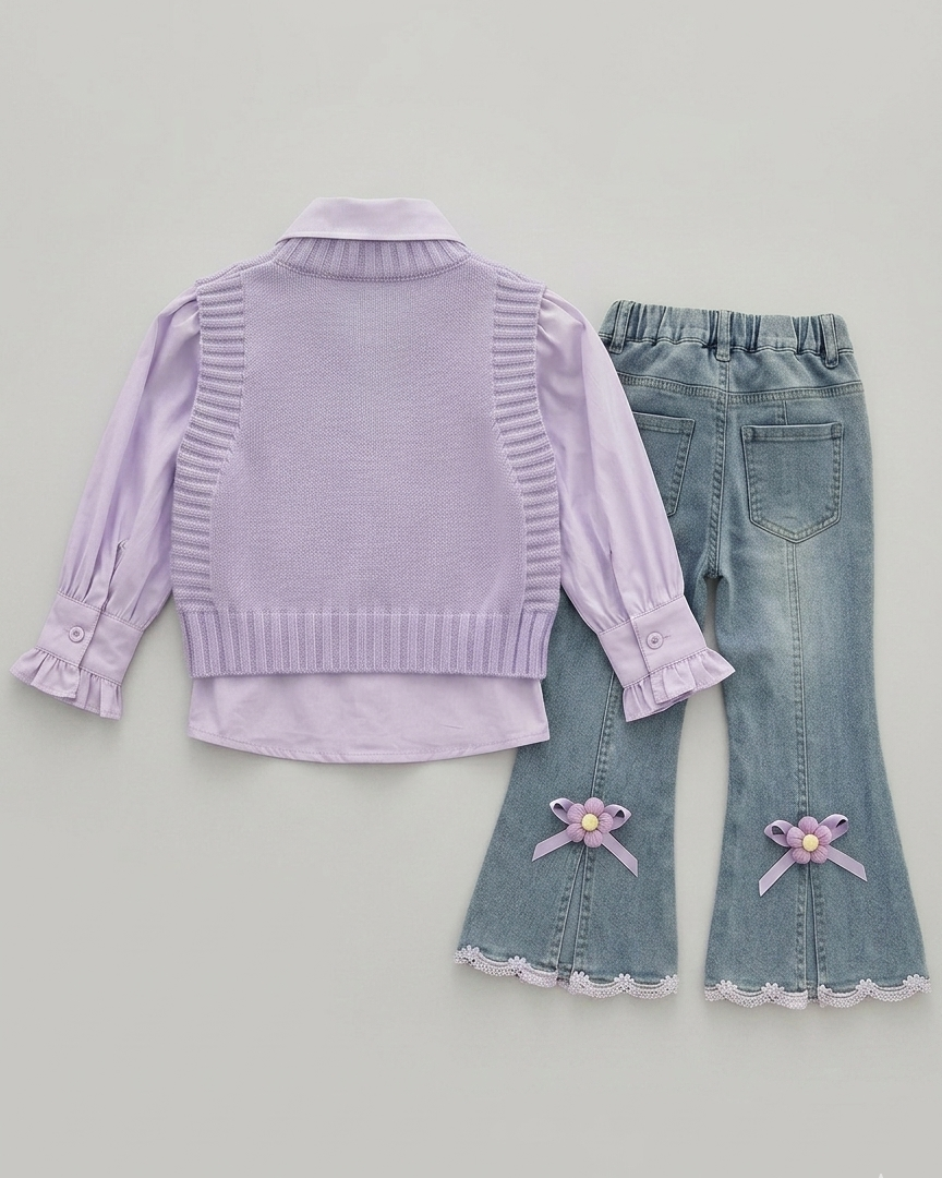 Conjunto niña 3 piezas ropa infantil blusa mangas abullonadas chaleco perlas y pantalón vaquero,Ideal para primavera y para clima otoñal en España