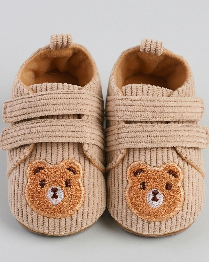 Zapatos bebé recién nacido de tela bordada con osito y cierre de velcro – calzado suave para bebés en España