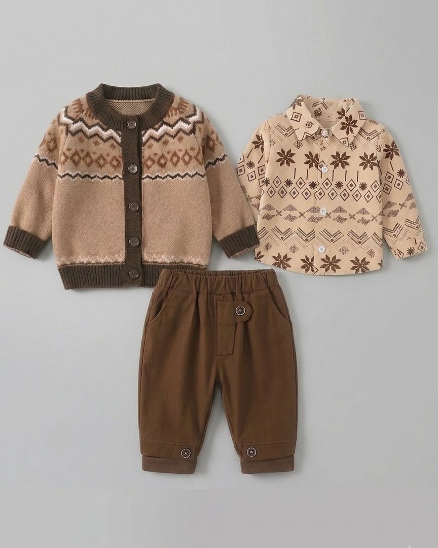 Conjunto niño 3 piezas invierno (suéter lana, camisa cuadros y pantalón elástico)Ideal para clima otoñal  en España