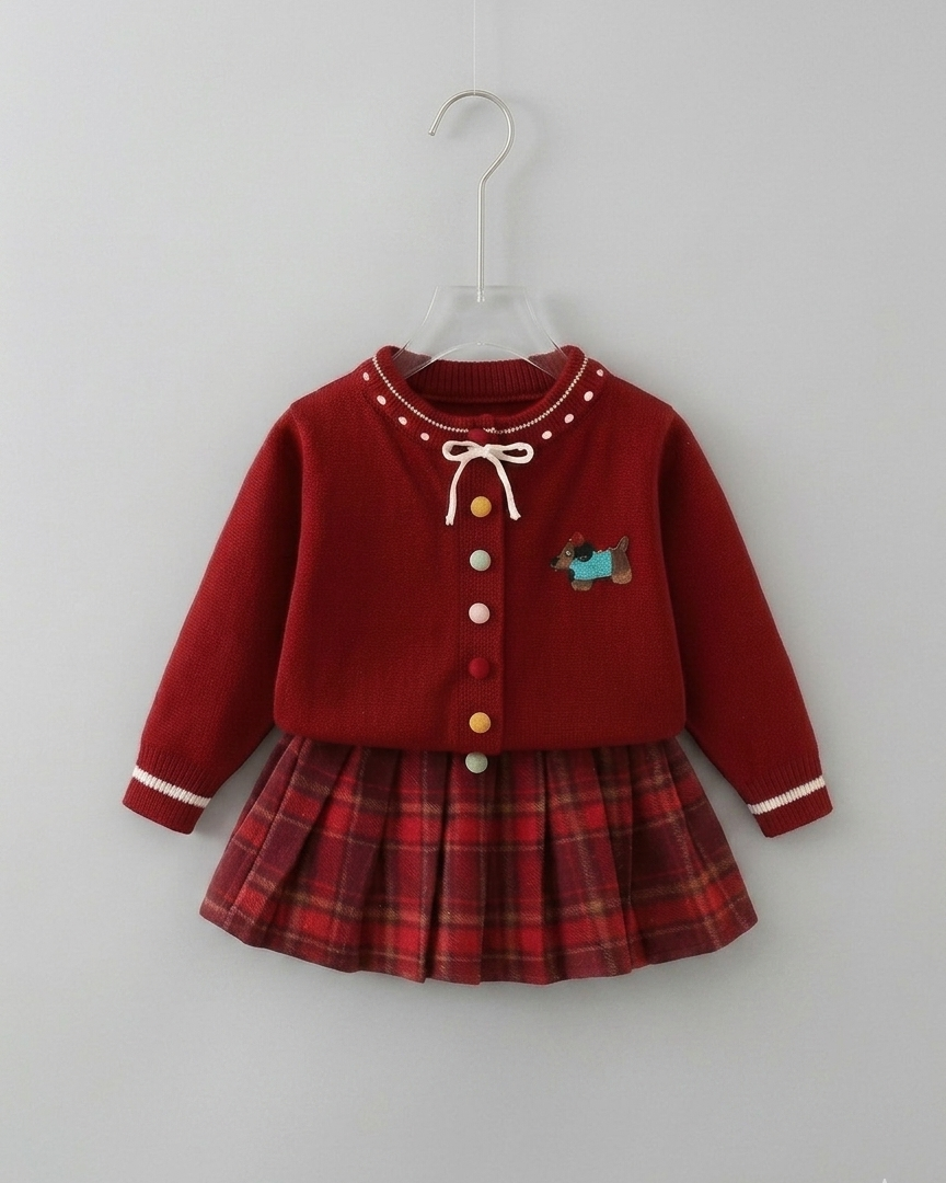 Vestido niña invierno de punto con lazo en el cuello y mangas largas estilo clásico,Ideal para primavera en España