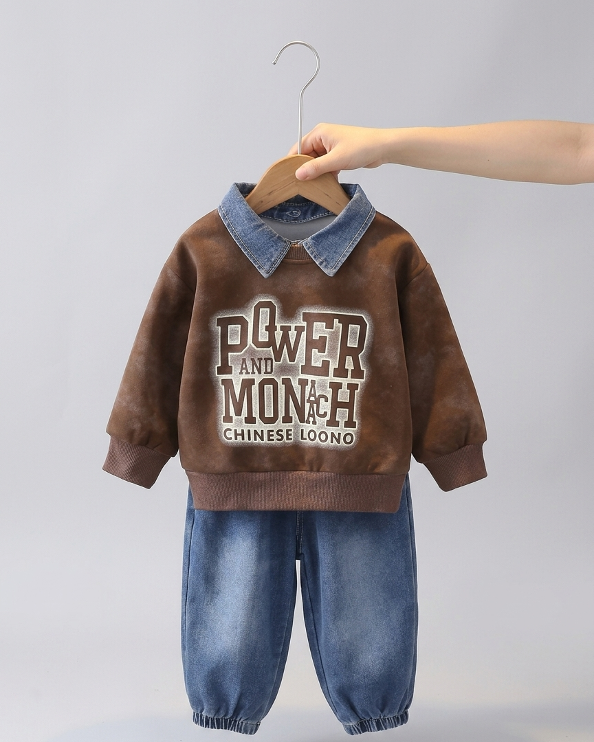 Conjunto niño 2 piezas sudadera con cuello vaquero y pantalón denim en España