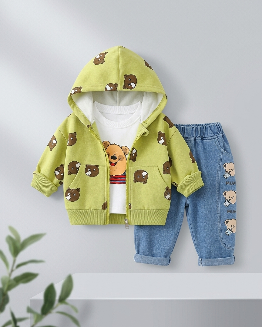 Conjunto bebé niño y niña 3 piezas: chaqueta con capucha, camiseta y pantalón vaquero con ositos en España