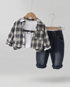 Conjunto niño 3 piezas casual camisa de cuadros y pantalón vaquero ropa infantil vista completa