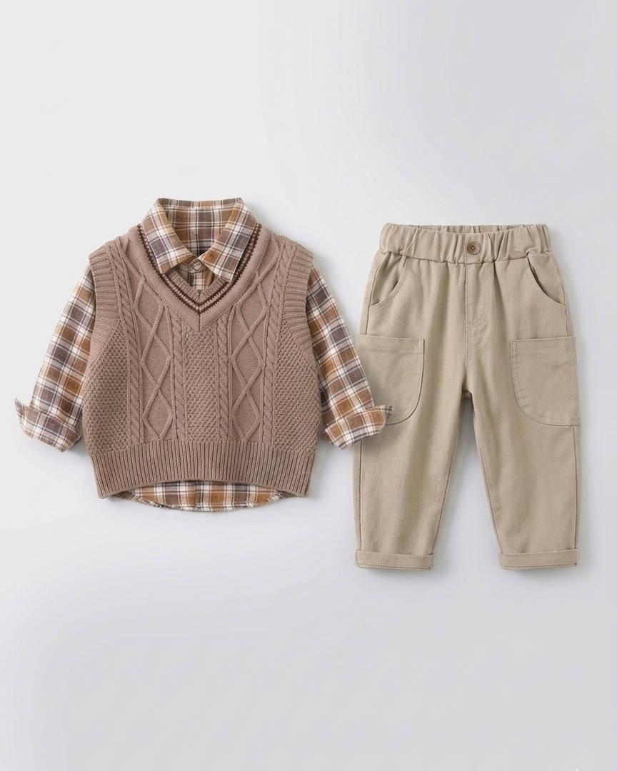 Conjunto bebé niño 3 piezas invierno: suéter lana, camisa cuadros y pantalón elástico en España