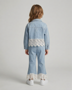 Conjunto niña 2 piezas vaquero chaqueta denim con encaje y pantalón vaquero Ideal para clima otoñal en España