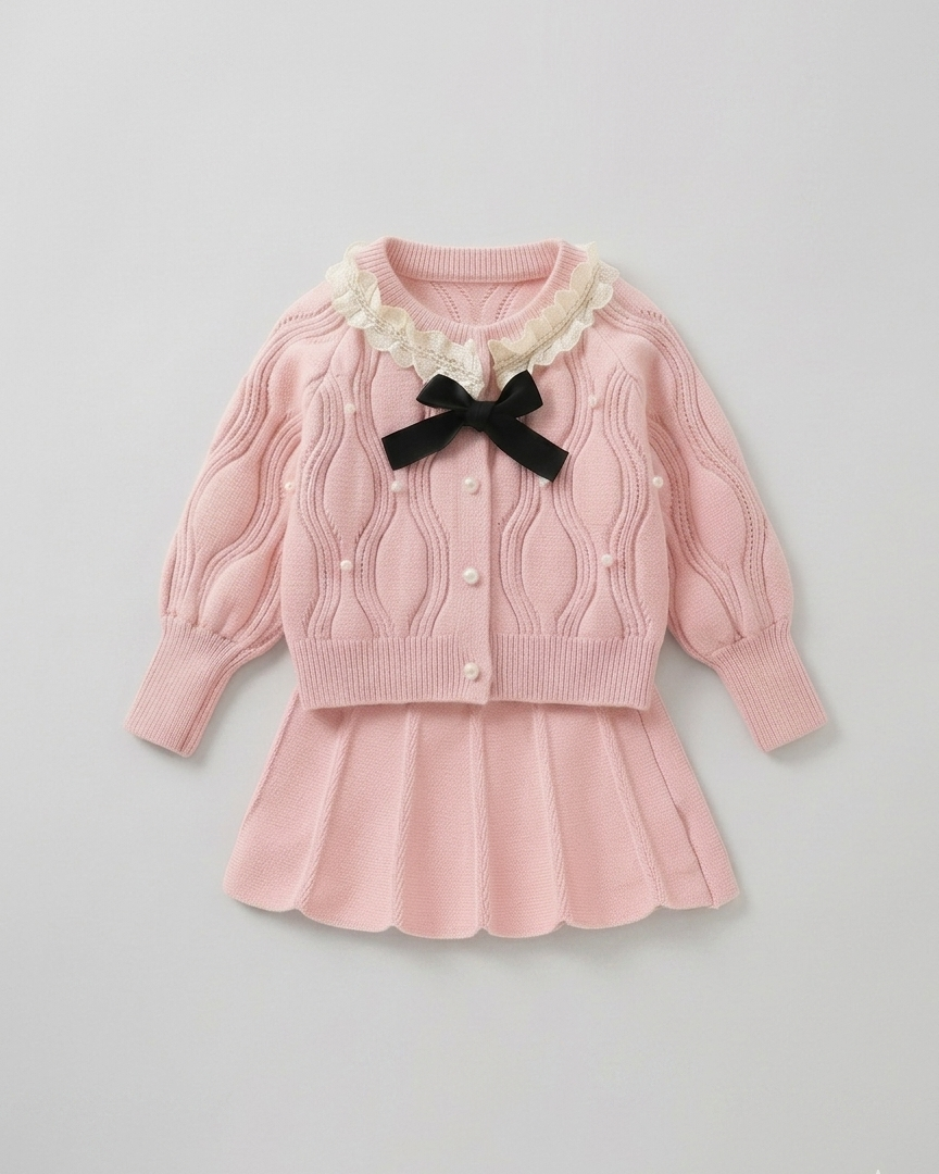 Conjunto niña invierno 2 piezas vestido y chaqueta de punto con encaje, destacada para looks elegantes y sencillos en España