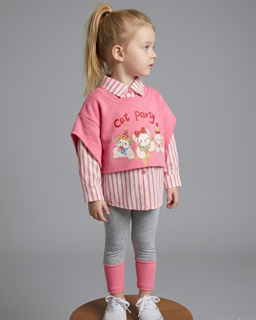 Conjunto niña 3 piezas ropa niña suéter corto, camisa a rayas y chaleco multicolor Ideal para primavera en España