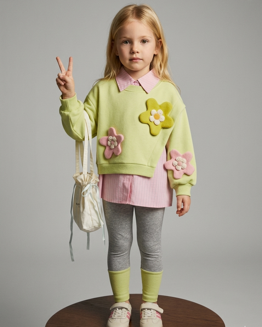 Conjunto niña 3 piezas sudadera y camiseta interior flores 3D ropa infantil,destacada para looks elegantes y sencillos en España