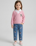 Conjunto niña 2 piezas suéter rosa y pantalón vaquero bordado cerezas ropa niña,Ideal para clima otoñal y principios de invierno en España