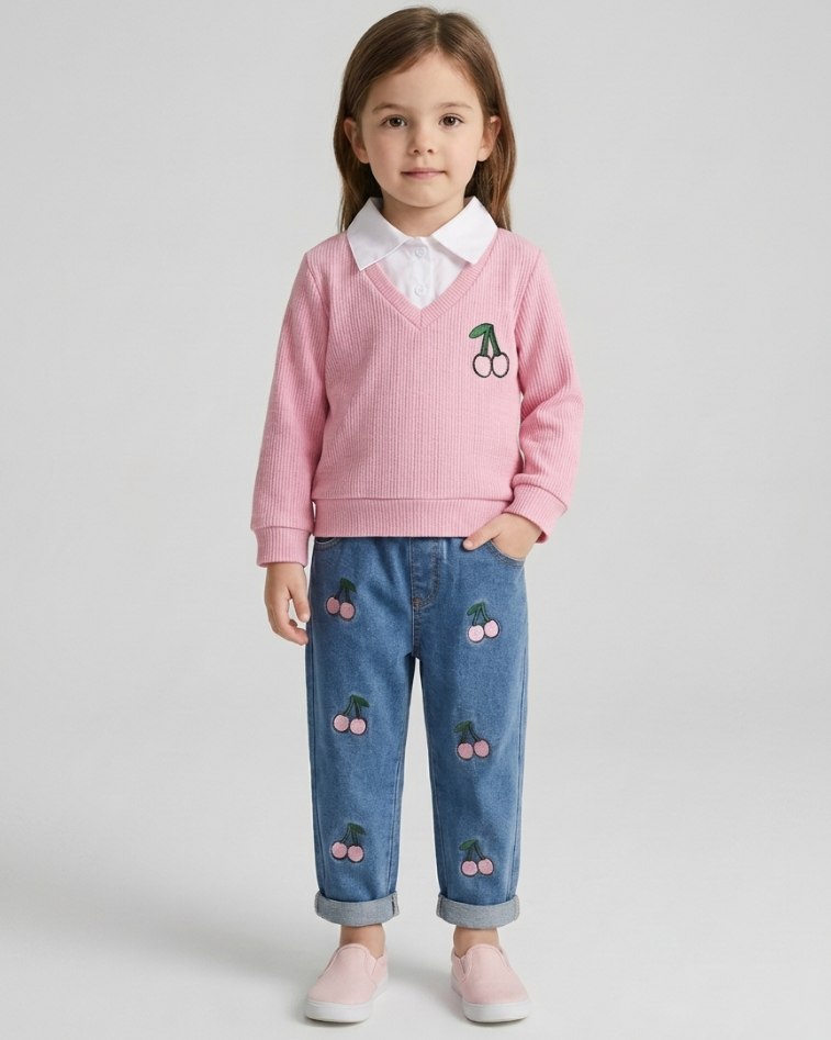 Conjunto niña 2 piezas suéter rosa y pantalón vaquero bordado cerezas ropa niña,Ideal para clima otoñal y principios de invierno en España