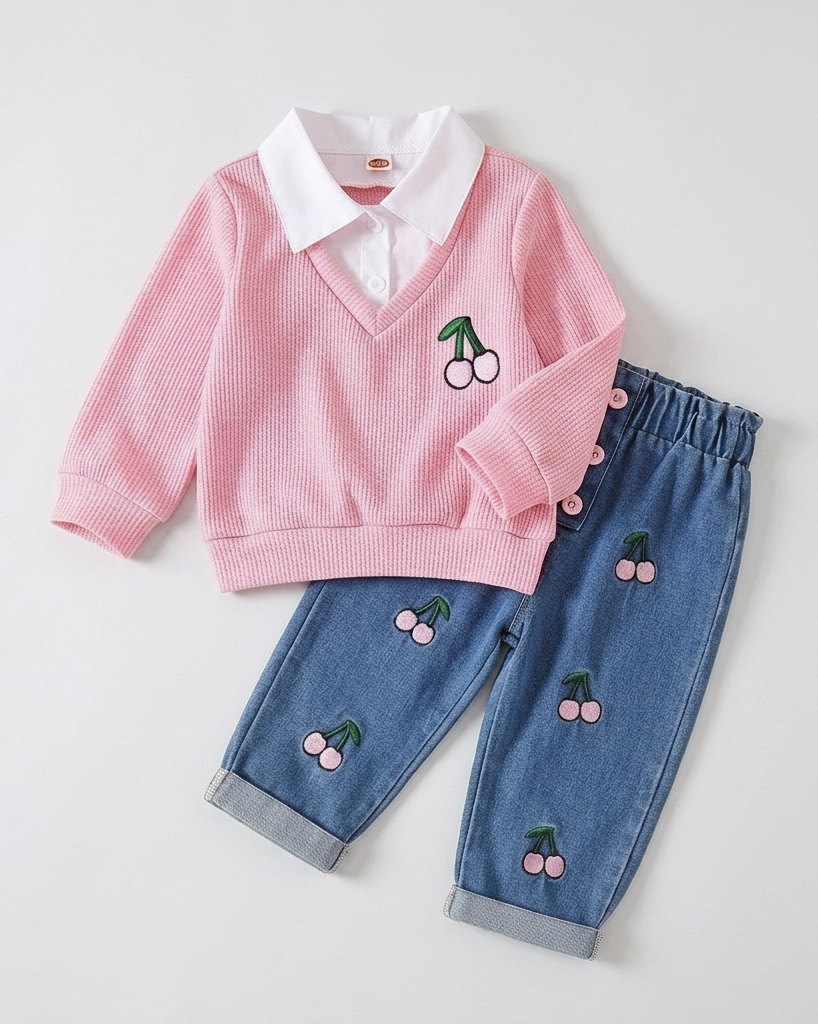 Conjunto niña 2 piezas suéter rosa y pantalón vaquero bordado cerezas ropa niña,Ideal para clima otoñal y principios de invierno en España