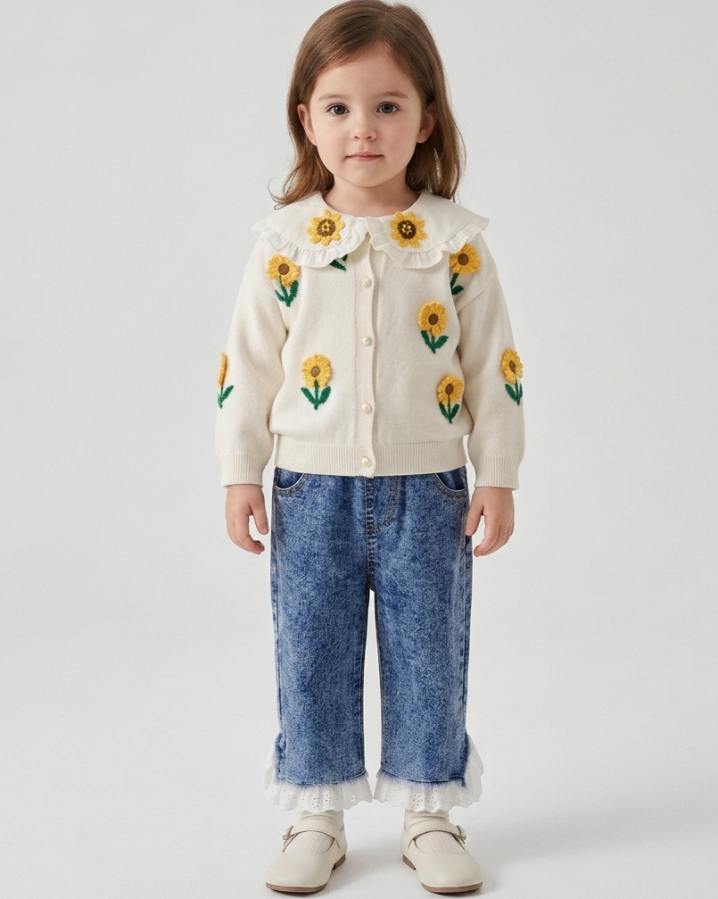 Conjunto niña 2 piezas: blusa tejida con cuello decorado y pantalón vaquero elegante en España