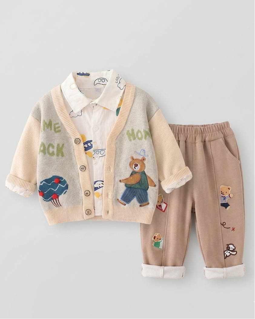 Conjunto bebé invierno 3 piezas con suéter de lana bordado camisa y pantalón vista completa