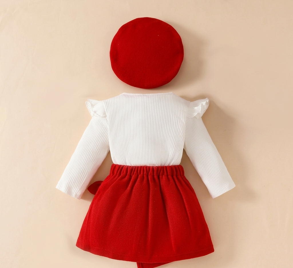 Conjunto de invierno de 3 piezas: blusa, falda y gorro en rojo y blanco ❄️✨